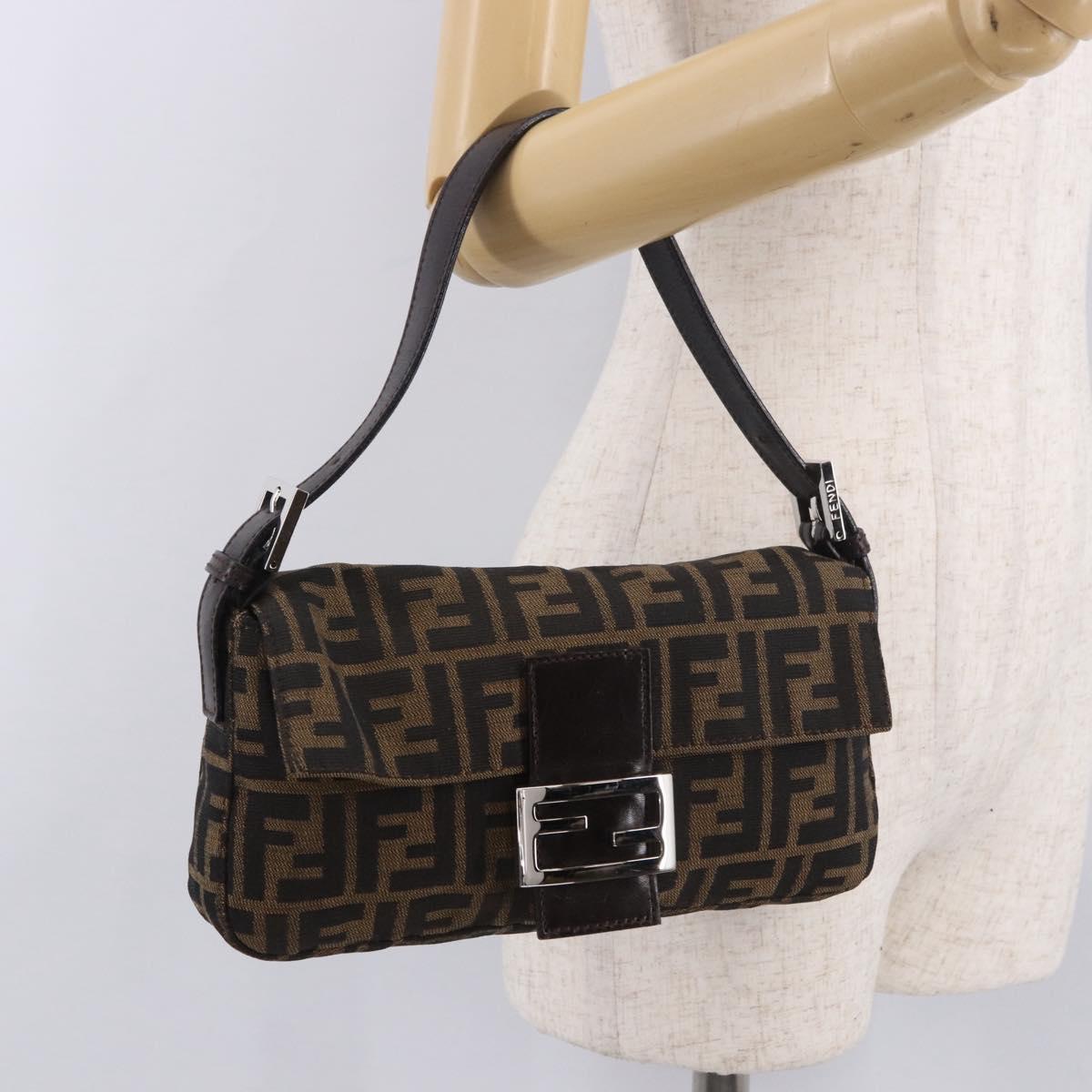 FENDI Zucca Canvas Mamma Baguette Shoulder Bag Black Brown Auth 189067V