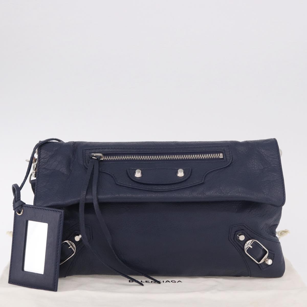 BALENCIAGA Classic Envelope Shoulder Bag Leather Navy Silver 319376 Auth 189069V