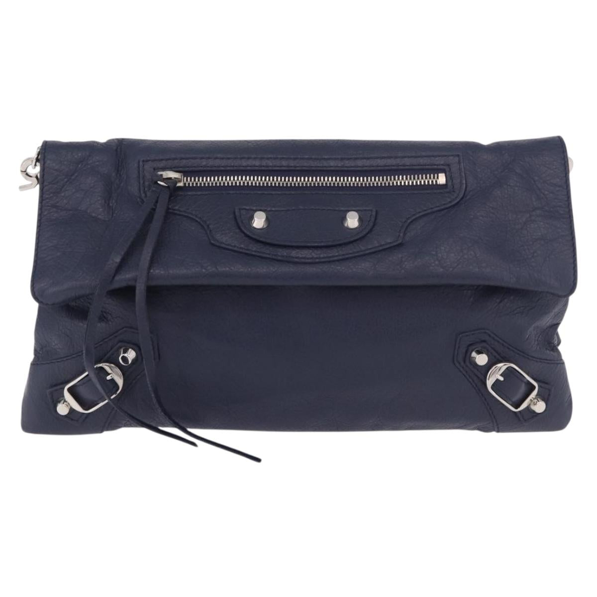 BALENCIAGA Classic Envelope Shoulder Bag Leather Navy Silver 319376 Auth 189069V