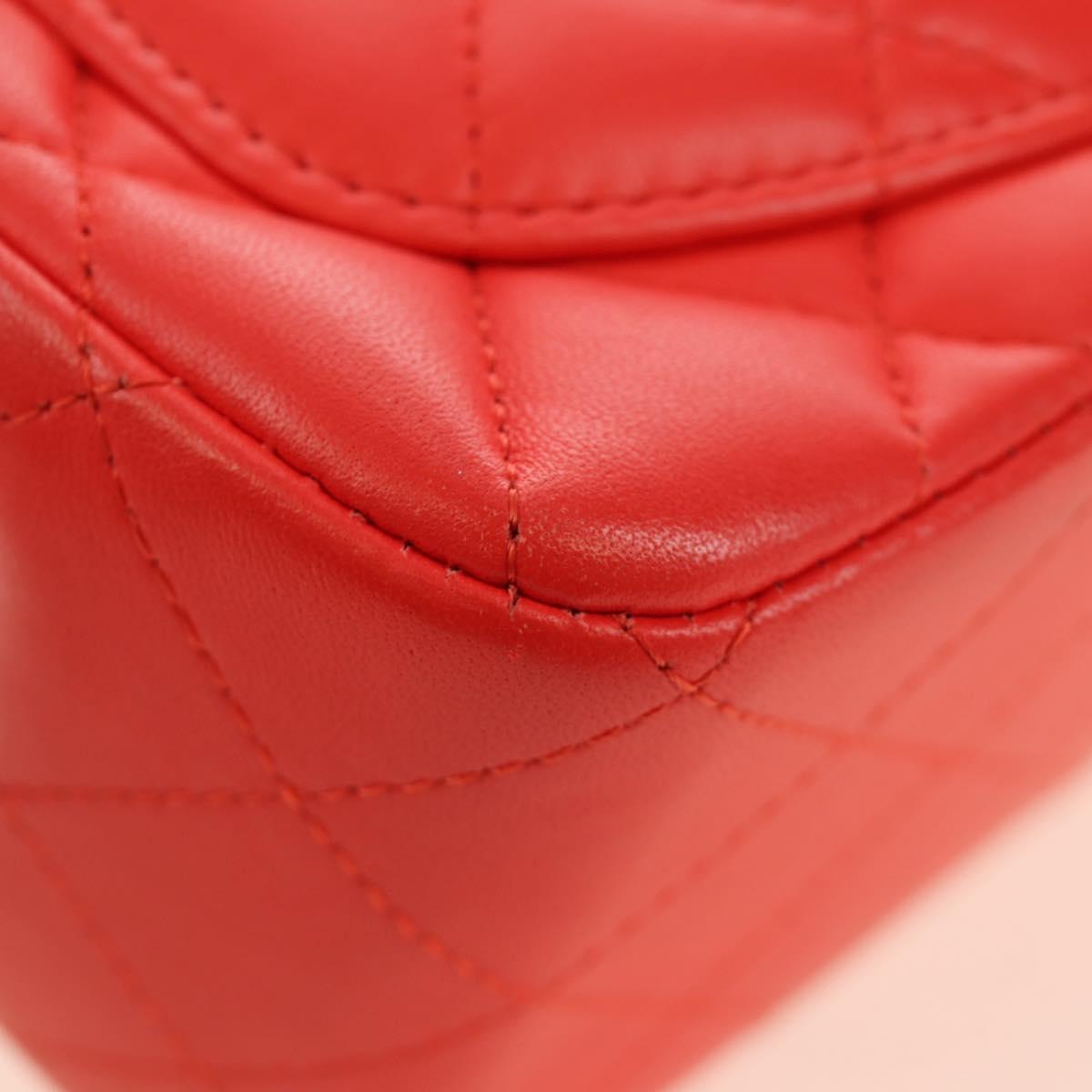 CHANEL Mini Matelasse 17 Chain Bag Lamb Skin Red Silver CC Auth 189072SM