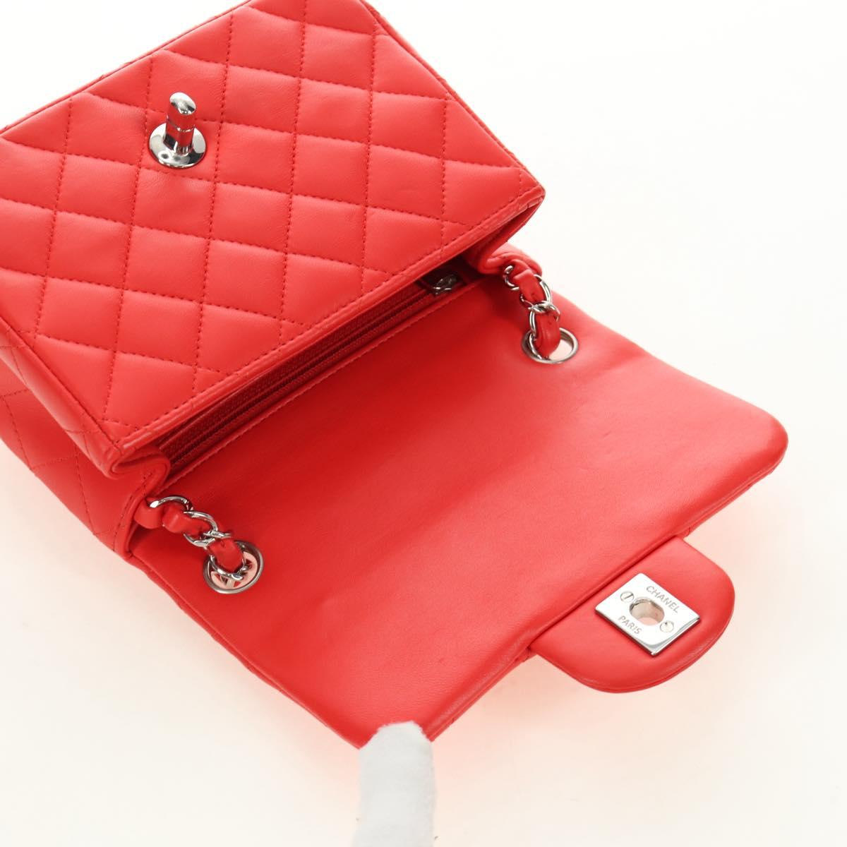 CHANEL Mini Matelasse 17 Chain Bag Lamb Skin Red Silver CC Auth 189072SM