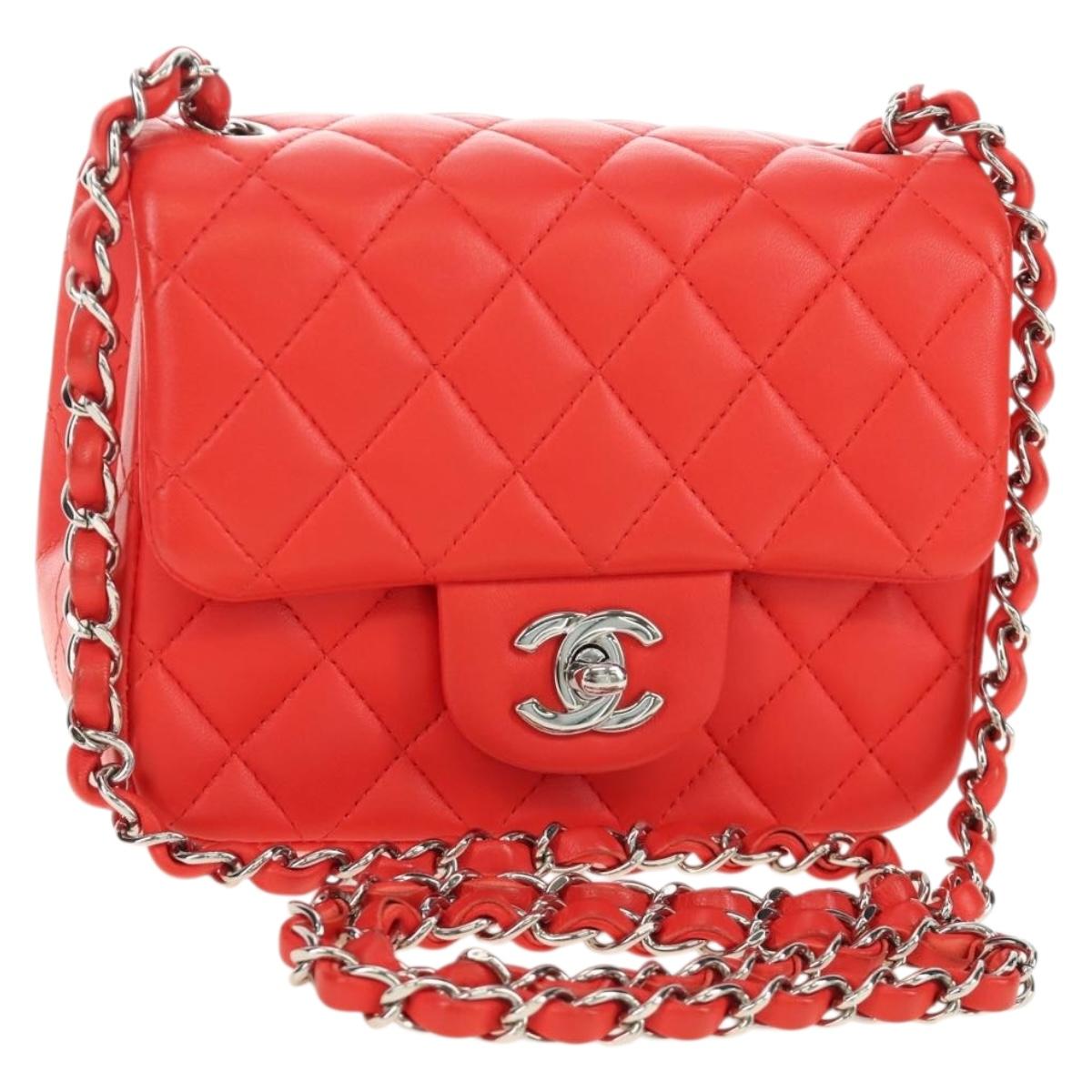 CHANEL Mini Matelasse 17 Chain Bag Lamb Skin Red Silver CC Auth 189072SM
