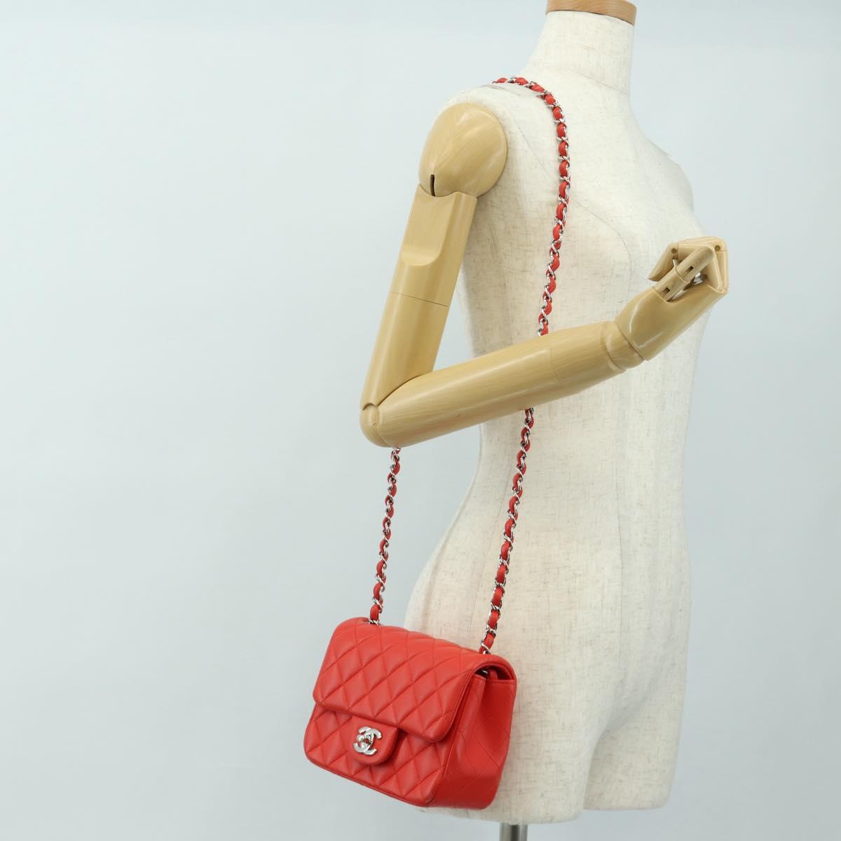 CHANEL Mini Matelasse 17 Chain Bag Lamb Skin Red Silver CC Auth 189072SM