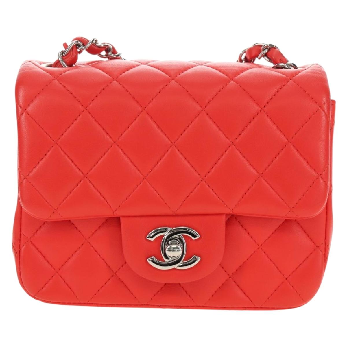 CHANEL Mini Matelasse 17 Chain Bag Lamb Skin Red Silver CC Auth 189072SM