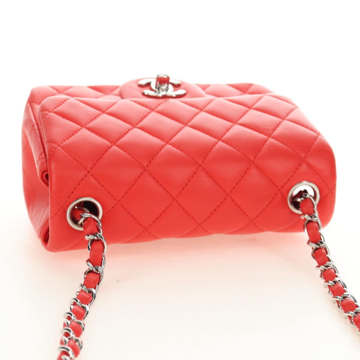 CHANEL Mini Matelasse 17 Chain Bag Lamb Skin Red Silver CC Auth 189072SM