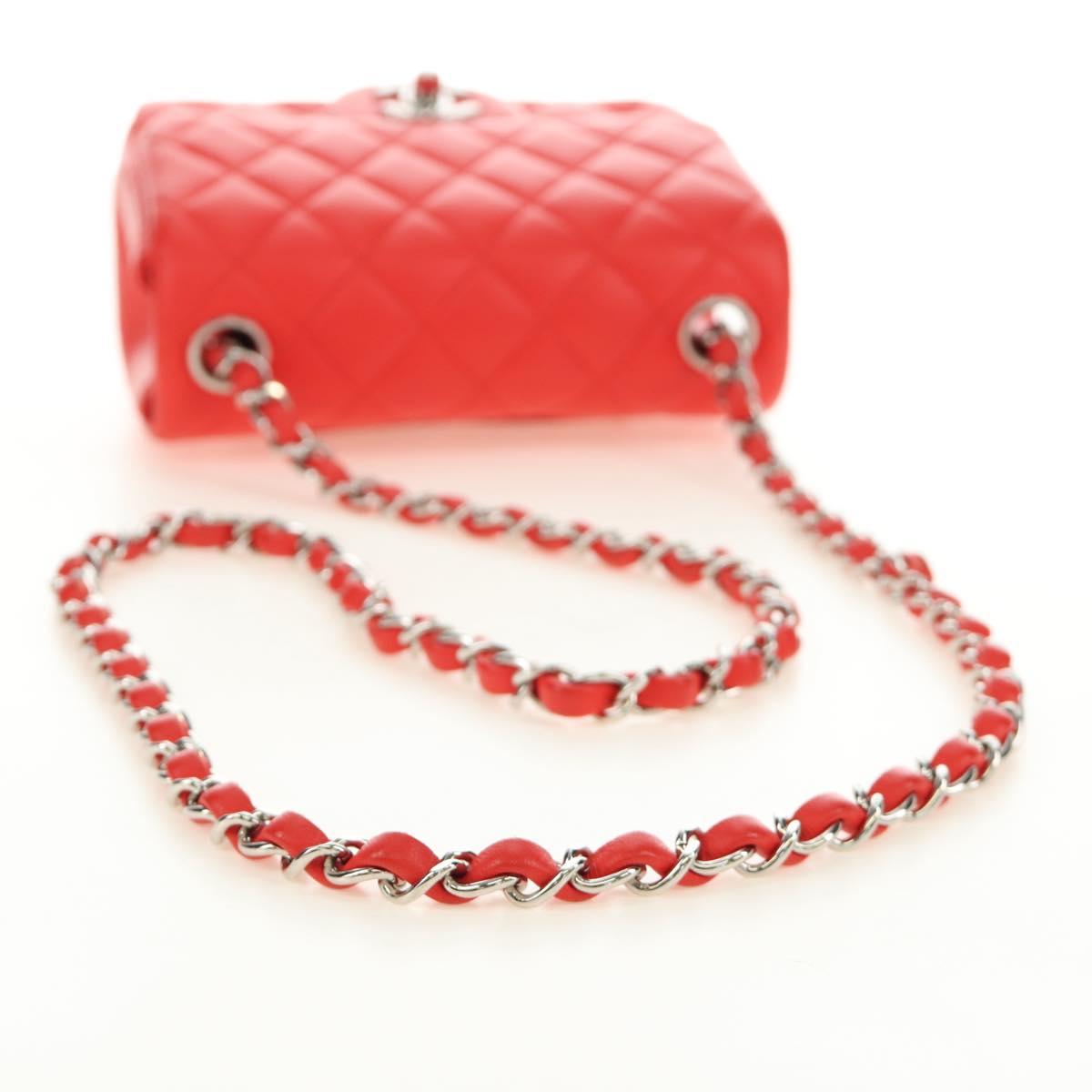 CHANEL Mini Matelasse 17 Chain Bag Lamb Skin Red Silver CC Auth 189072SM