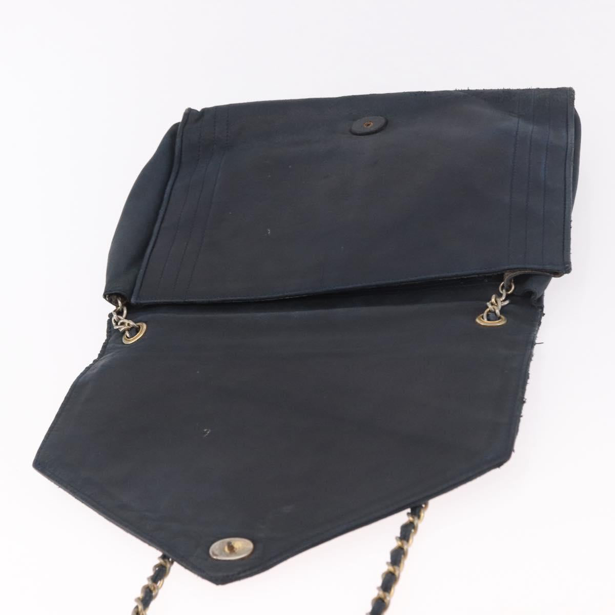 CHANEL Chain Shoulder Bag Leather Navy Gold CC Auth 189076