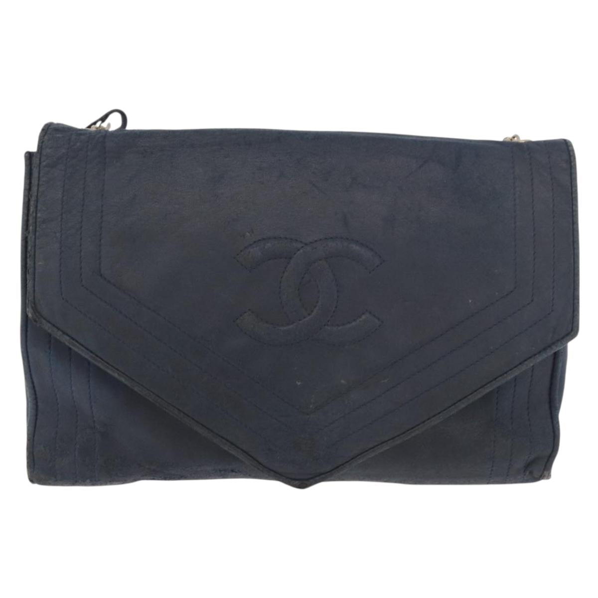 CHANEL Chain Shoulder Bag Leather Navy Gold CC Auth 189076