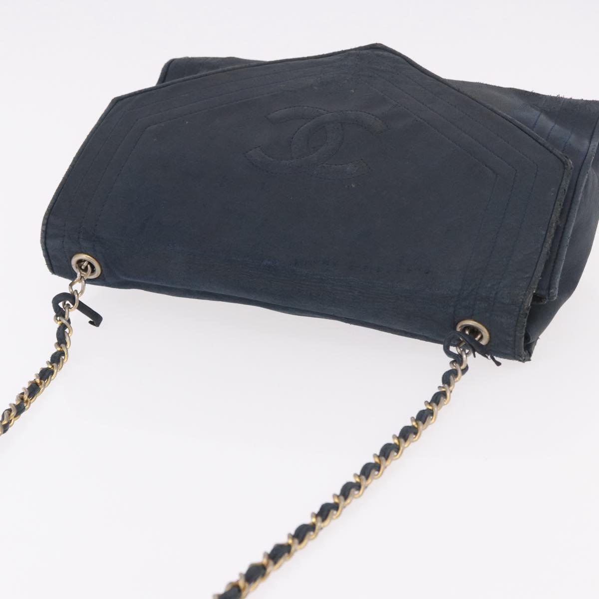 CHANEL Chain Shoulder Bag Leather Navy Gold CC Auth 189076