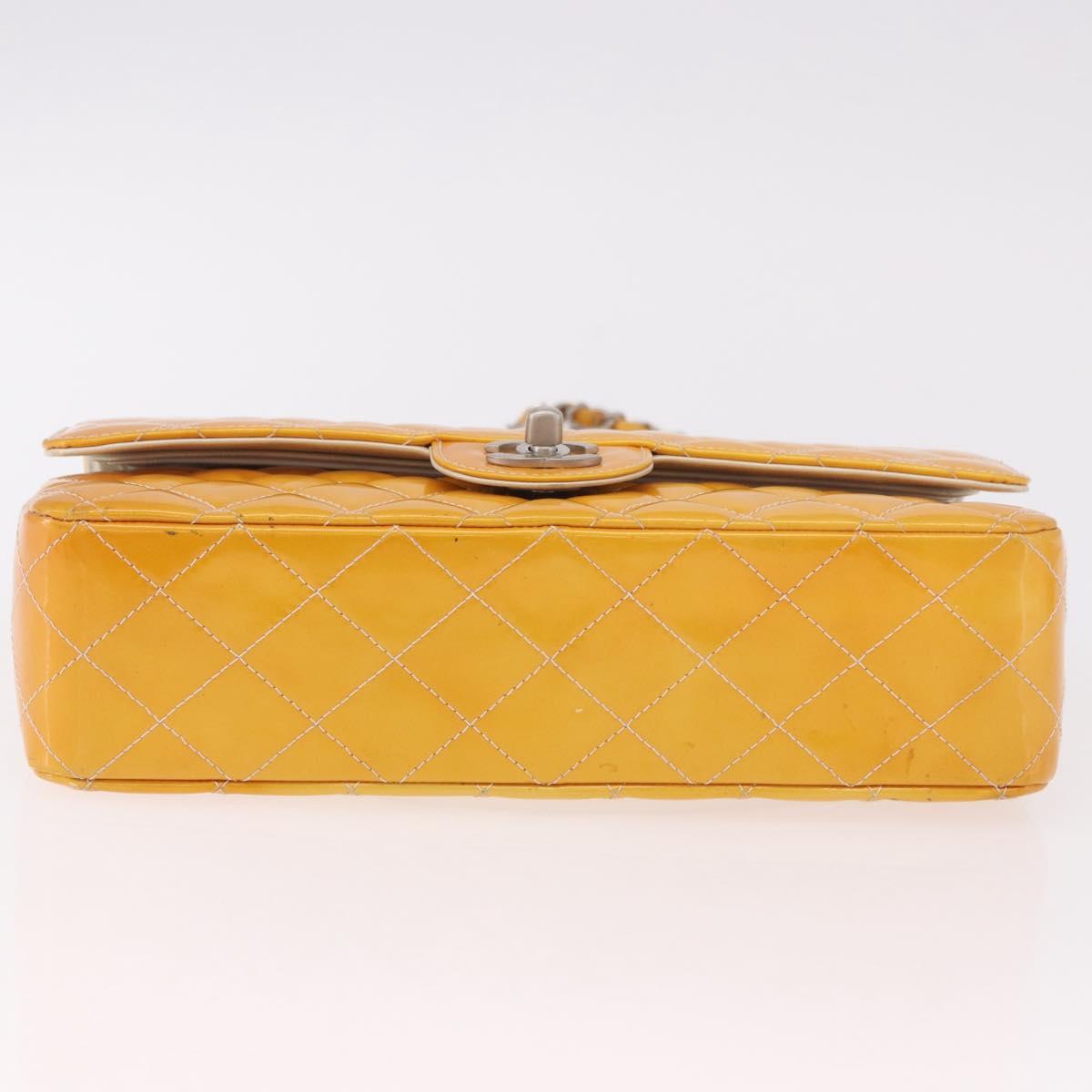 CHANEL Chain Matelasse 25 Bag Patent leather Yellow Silver CC Auth 189089