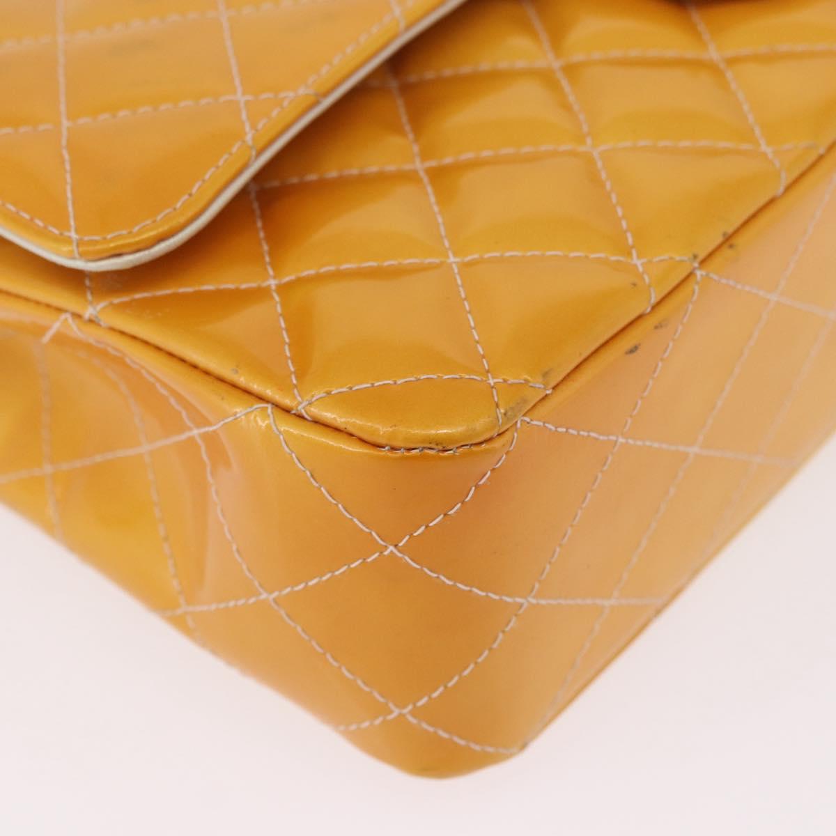 CHANEL Chain Matelasse 25 Bag Patent leather Yellow Silver CC Auth 189089
