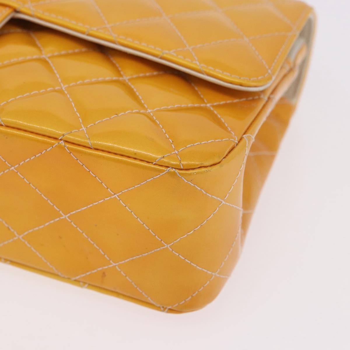 CHANEL Chain Matelasse 25 Bag Patent leather Yellow Silver CC Auth 189089