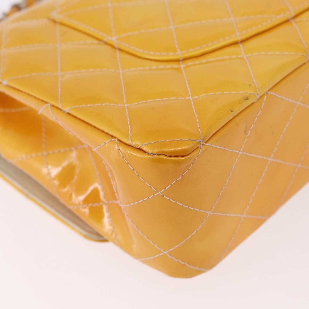CHANEL Chain Matelasse 25 Bag Patent leather Yellow Silver CC Auth 189089
