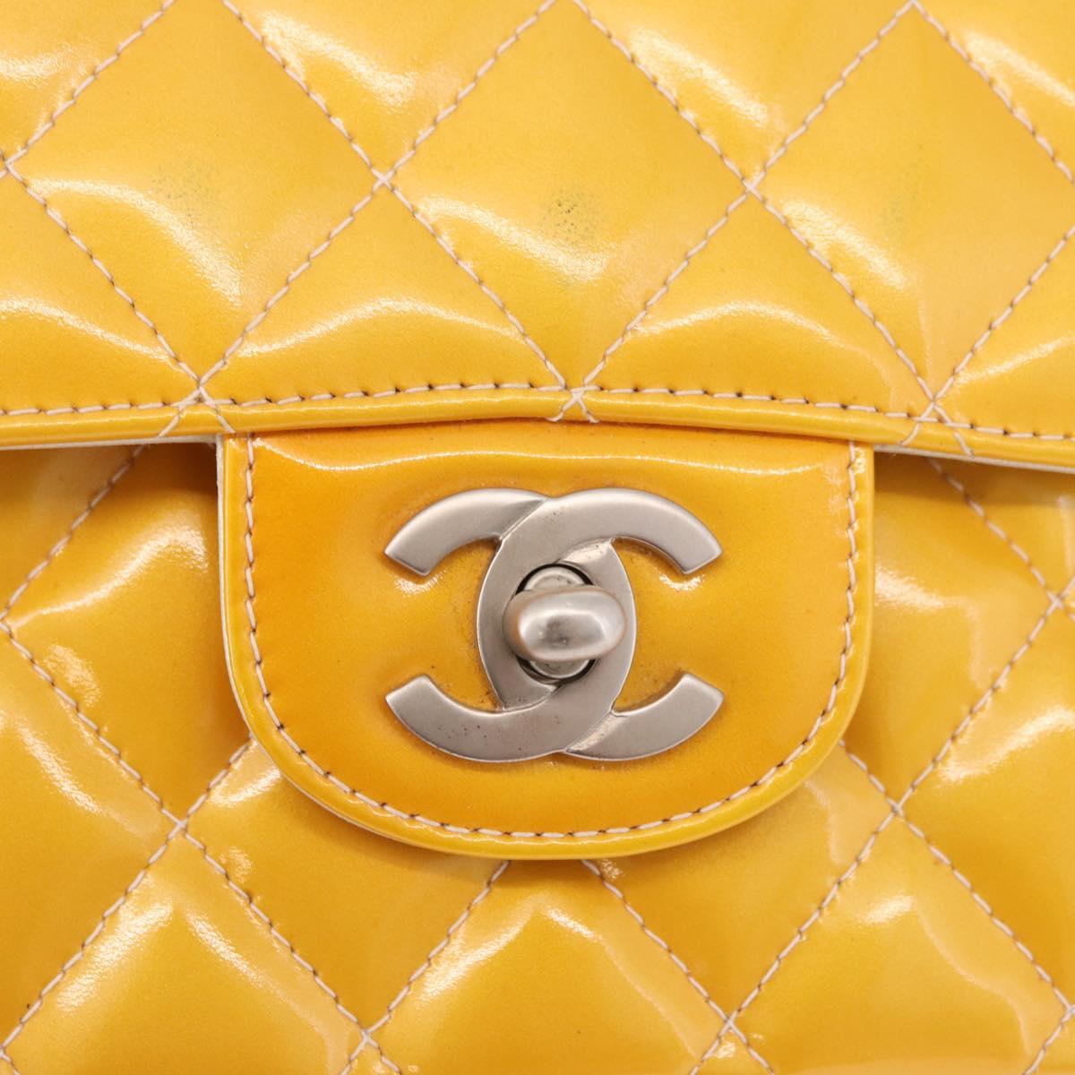 CHANEL Chain Matelasse 25 Bag Patent leather Yellow Silver CC Auth 189089
