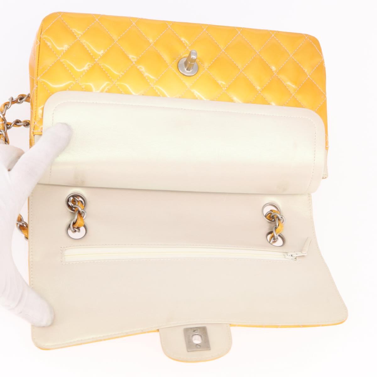 CHANEL Chain Matelasse 25 Bag Patent leather Yellow Silver CC Auth 189089