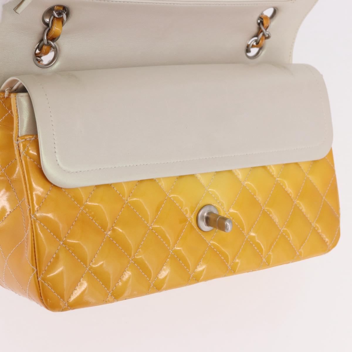 CHANEL Chain Matelasse 25 Bag Patent leather Yellow Silver CC Auth 189089