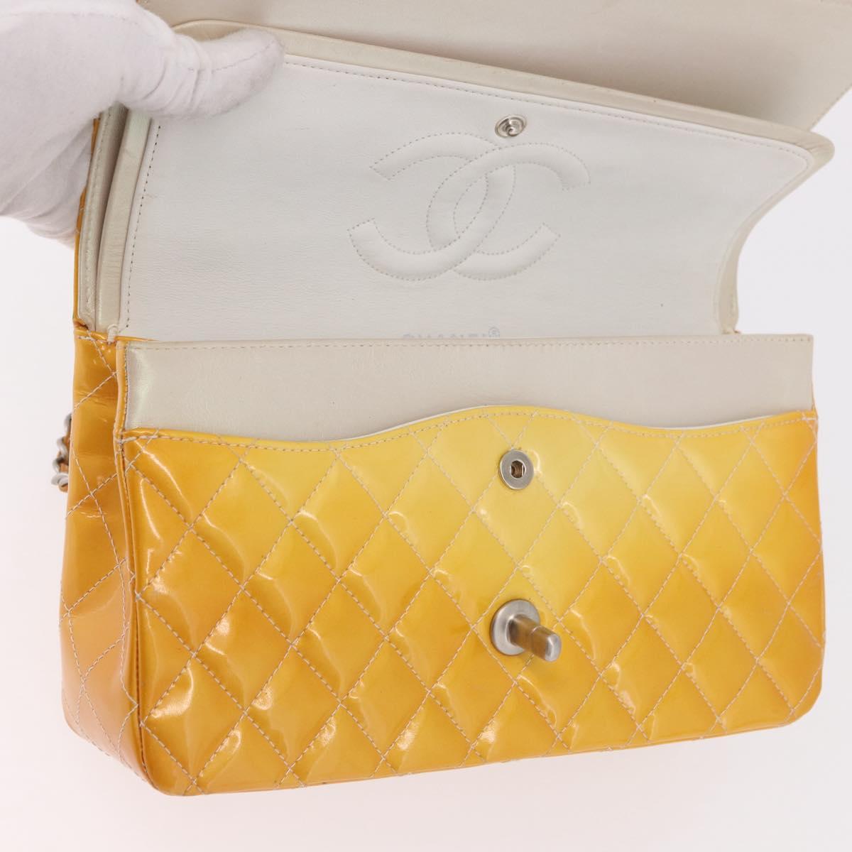 CHANEL Chain Matelasse 25 Bag Patent leather Yellow Silver CC Auth 189089