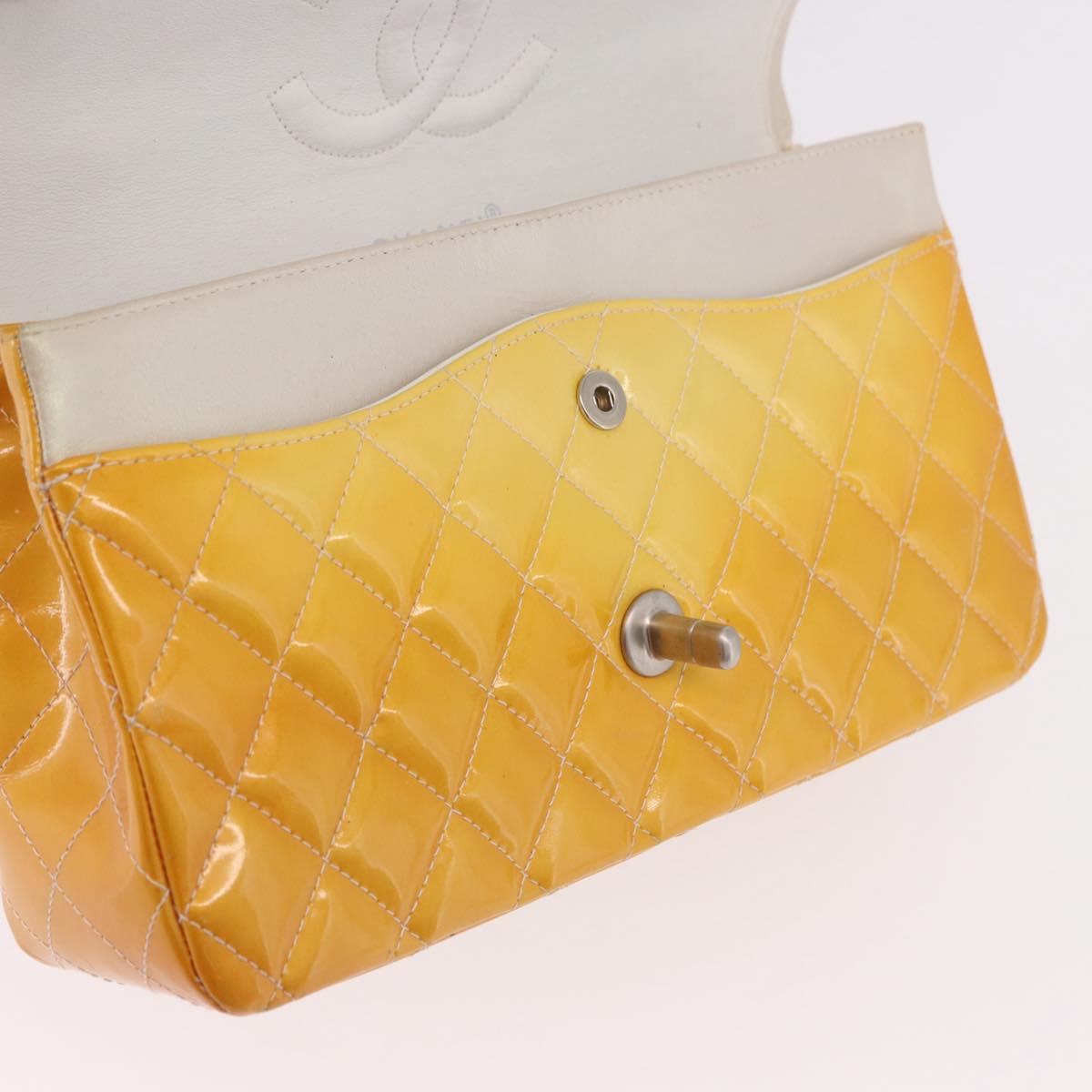 CHANEL Chain Matelasse 25 Bag Patent leather Yellow Silver CC Auth 189089