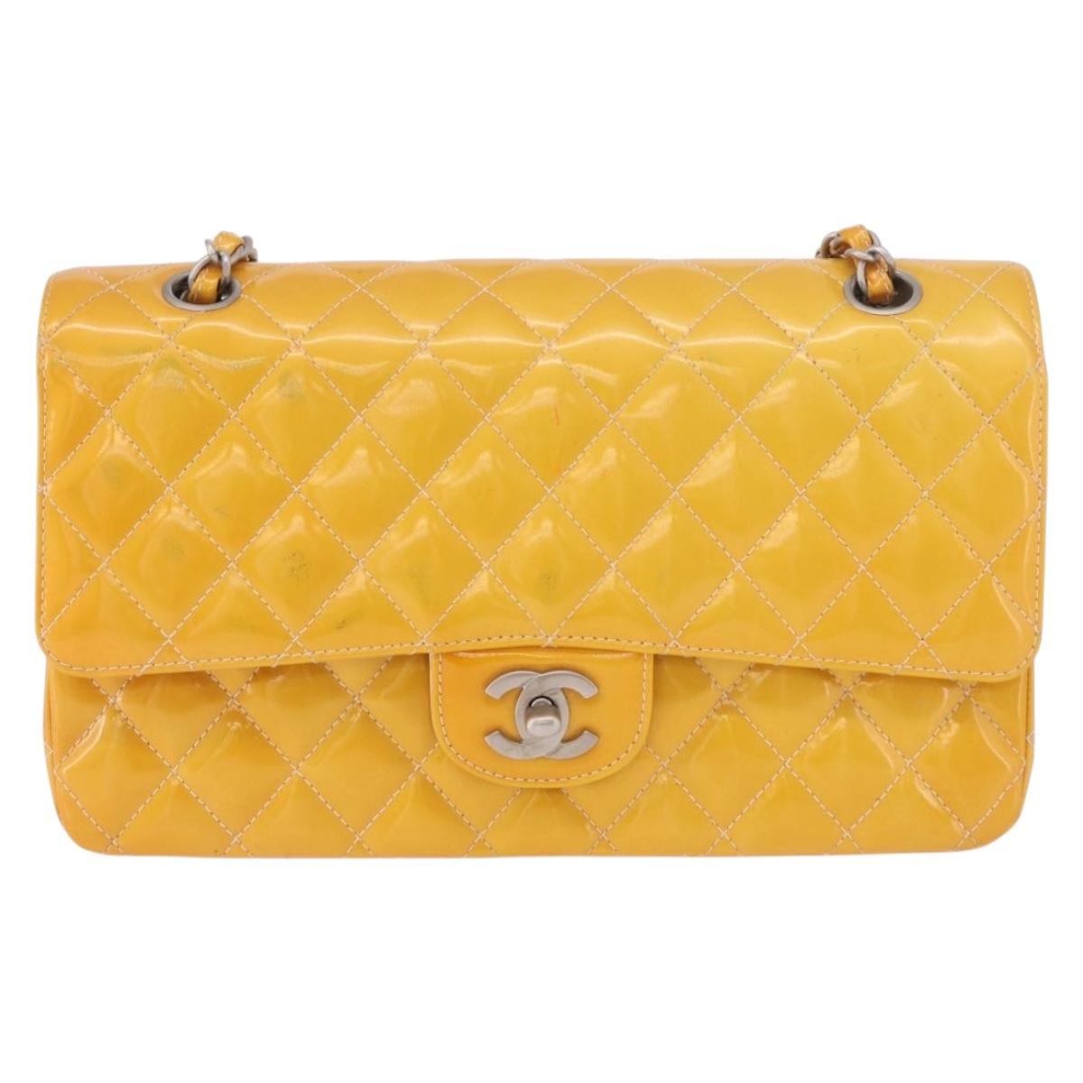CHANEL Chain Matelasse 25 Bag Patent leather Yellow Silver CC Auth 189089