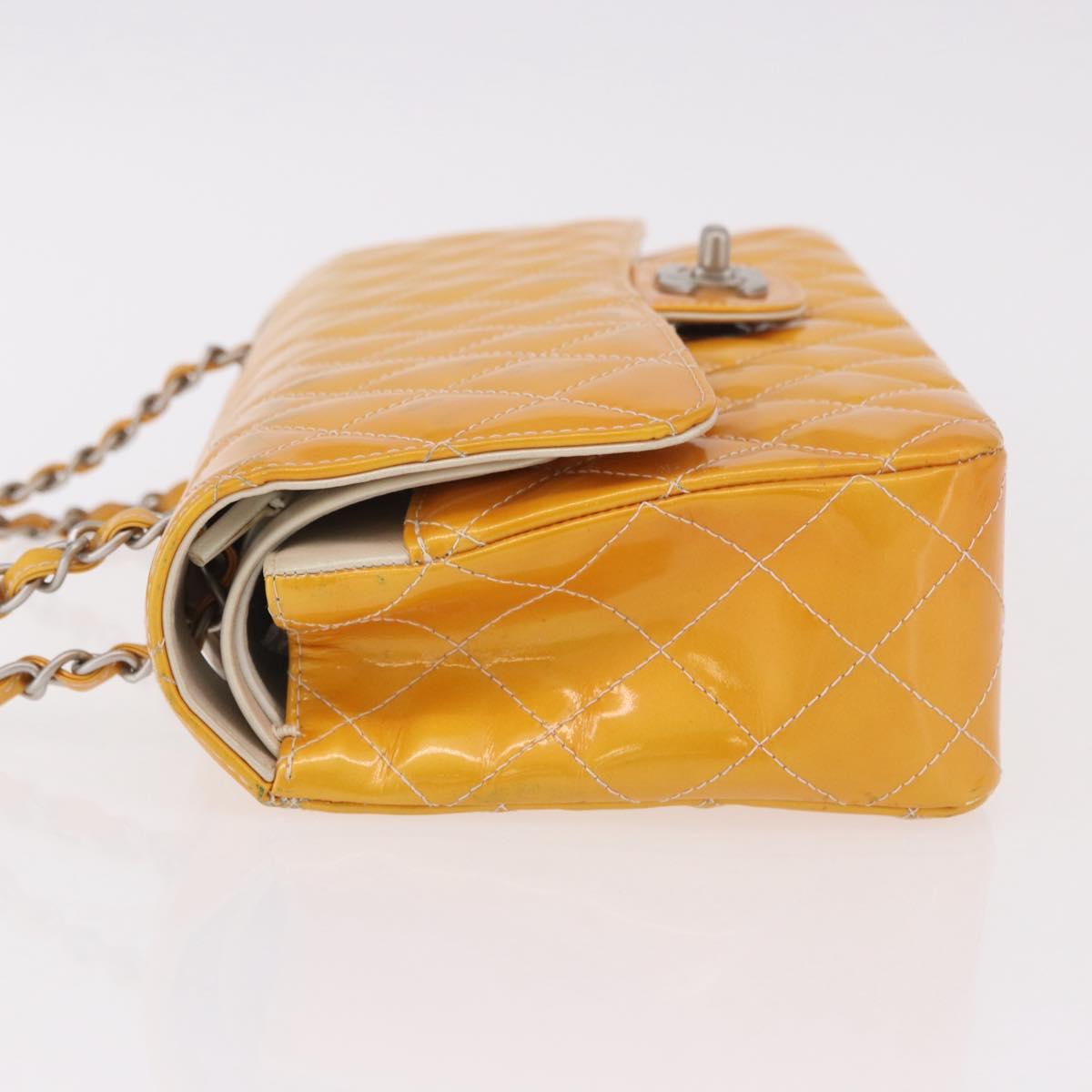 CHANEL Chain Matelasse 25 Bag Patent leather Yellow Silver CC Auth 189089
