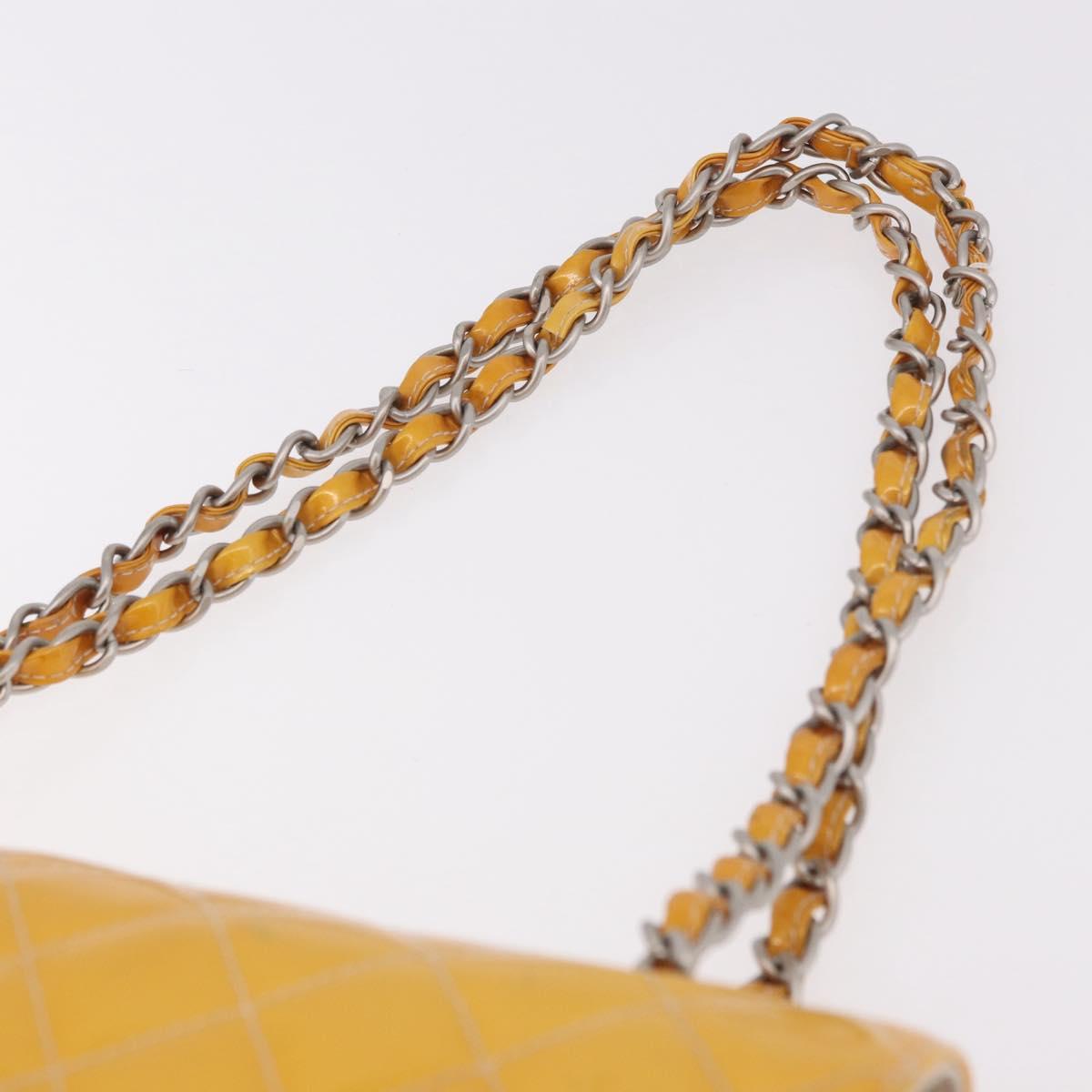 CHANEL Chain Matelasse 25 Bag Patent leather Yellow Silver CC Auth 189089