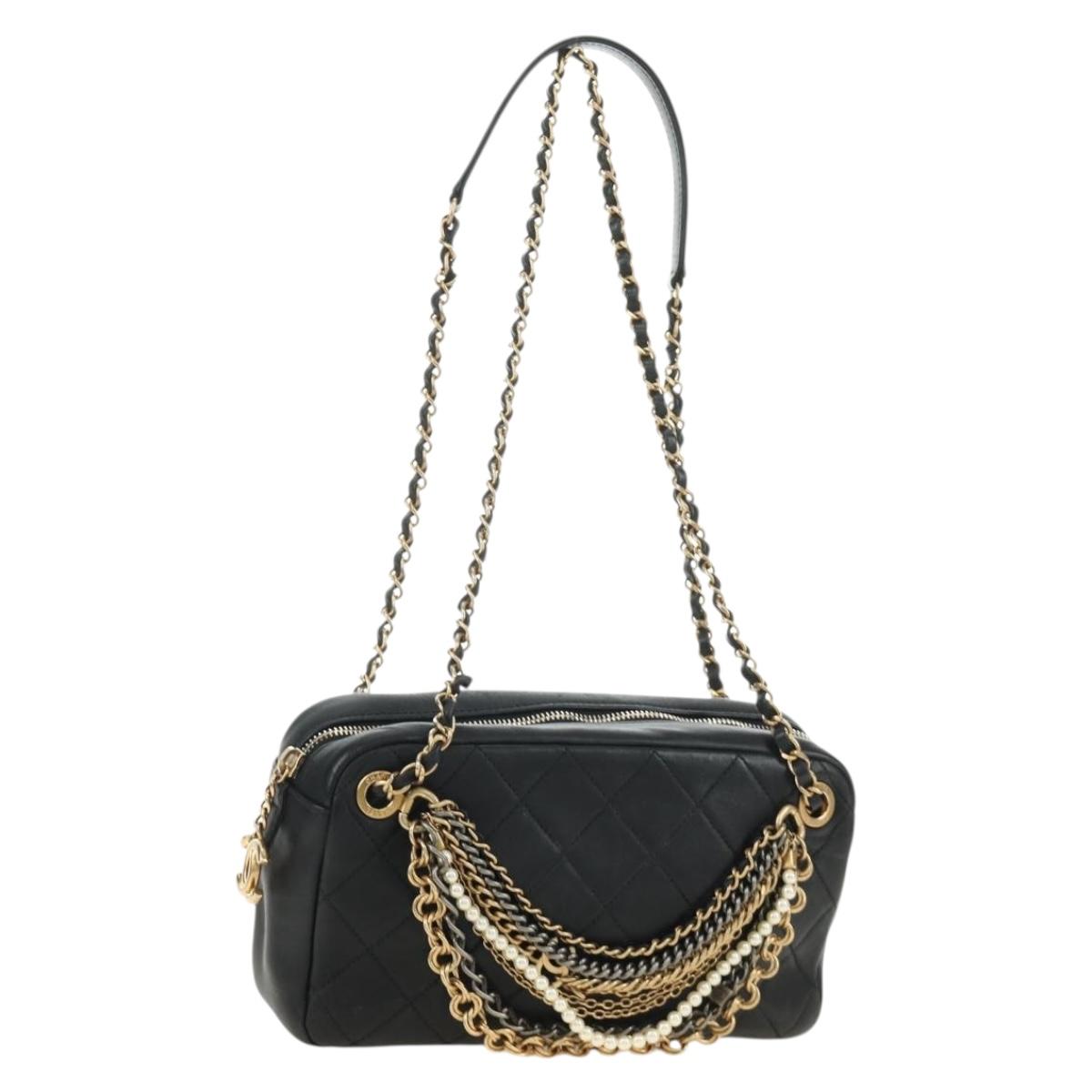 CHANEL All About Chain Matelasse Bag Lamb Skin Black Gold CC Auth 189115SM