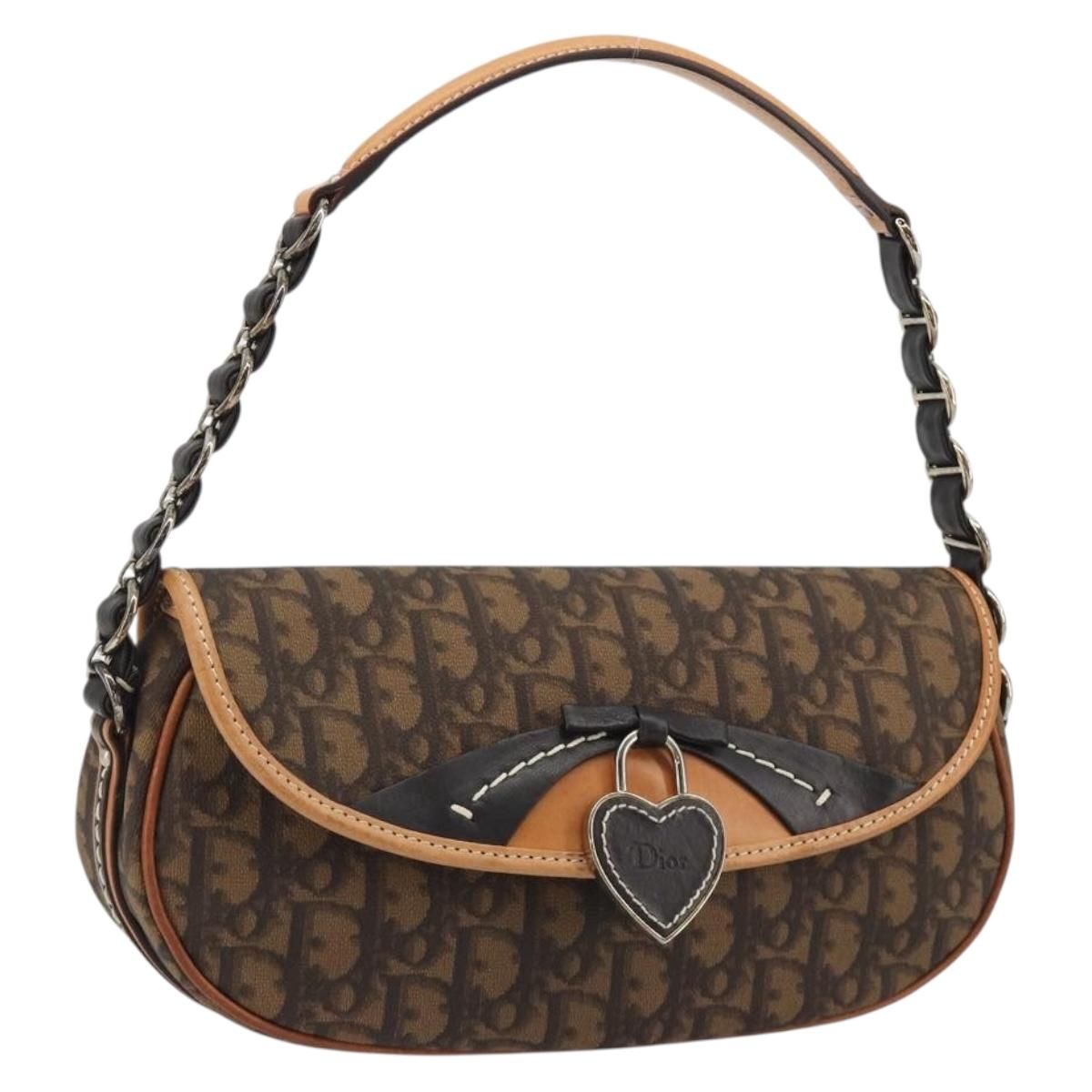 Christian Dior Trotter Canvas Romantic Chain Bag PVC Brown Silver Auth 189117SM