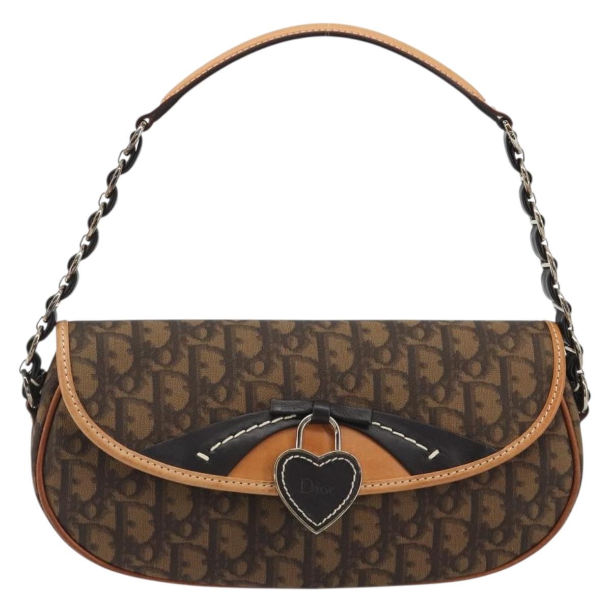 Christian Dior Trotter Canvas Romantic Chain Bag PVC Brown Silver Auth 189117SM