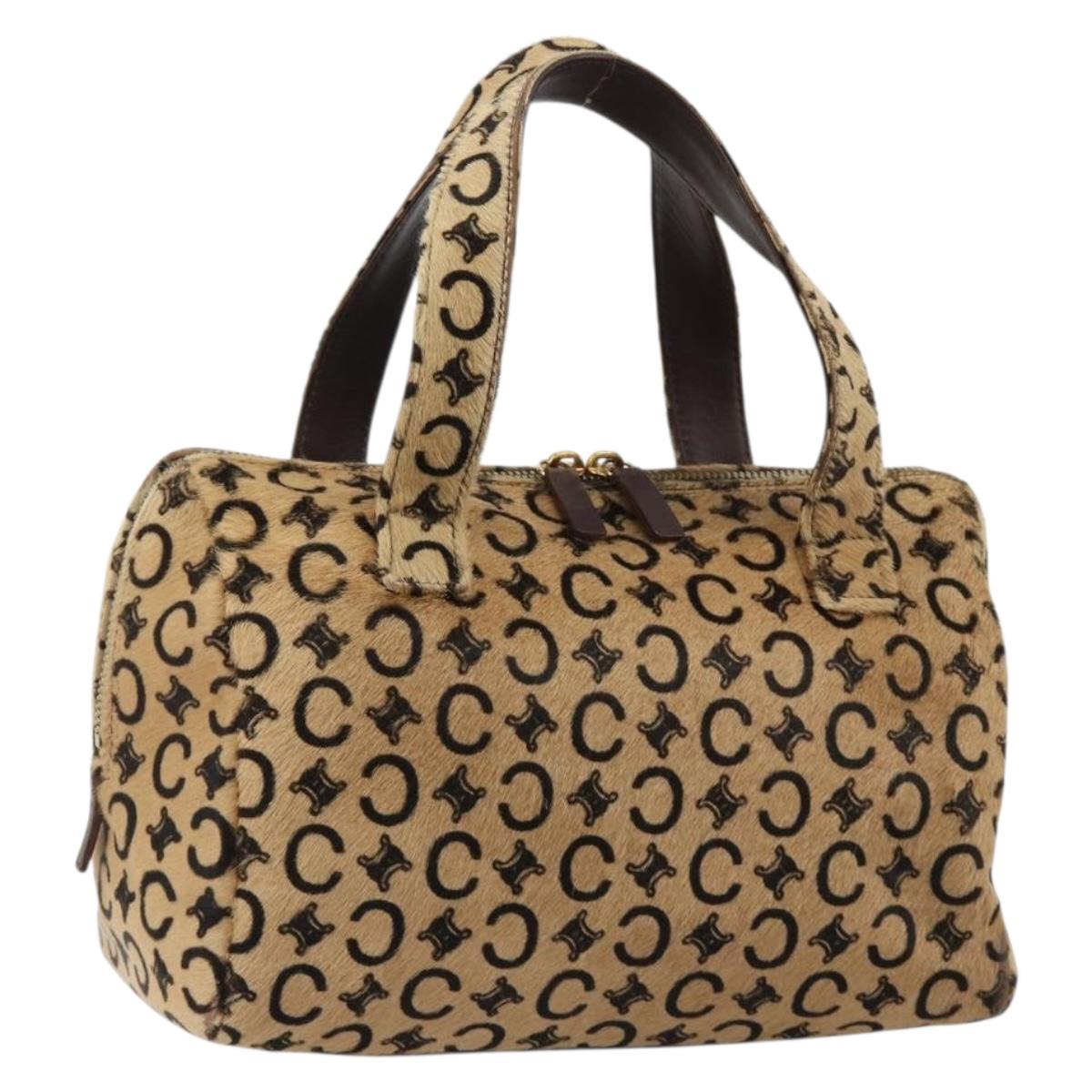 CELINE C Macadam Canvas Hand Bag Harako Leather Beige Gold Auth 189126A