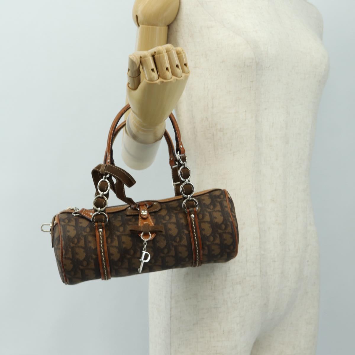 Christian Dior Trotter Canvas Romantic Hand Bag PVC Brown Silver Auth 189127M
