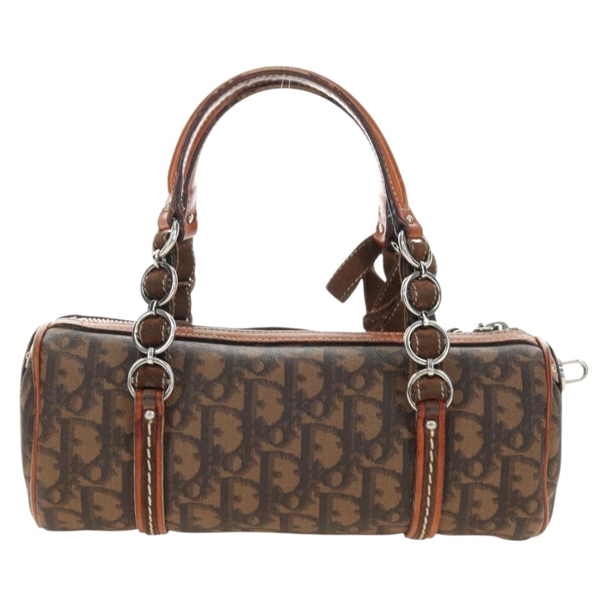 Christian Dior Trotter Canvas Romantic Hand Bag PVC Brown Silver Auth 189127M