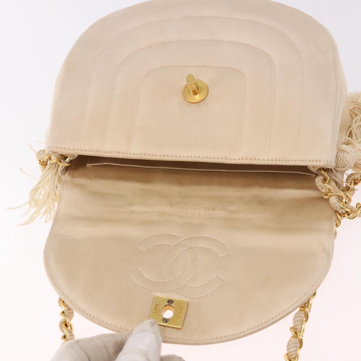 CHANEL Chain Shoulder Bag Satin Champagne Gold Gold CC Auth 189130A