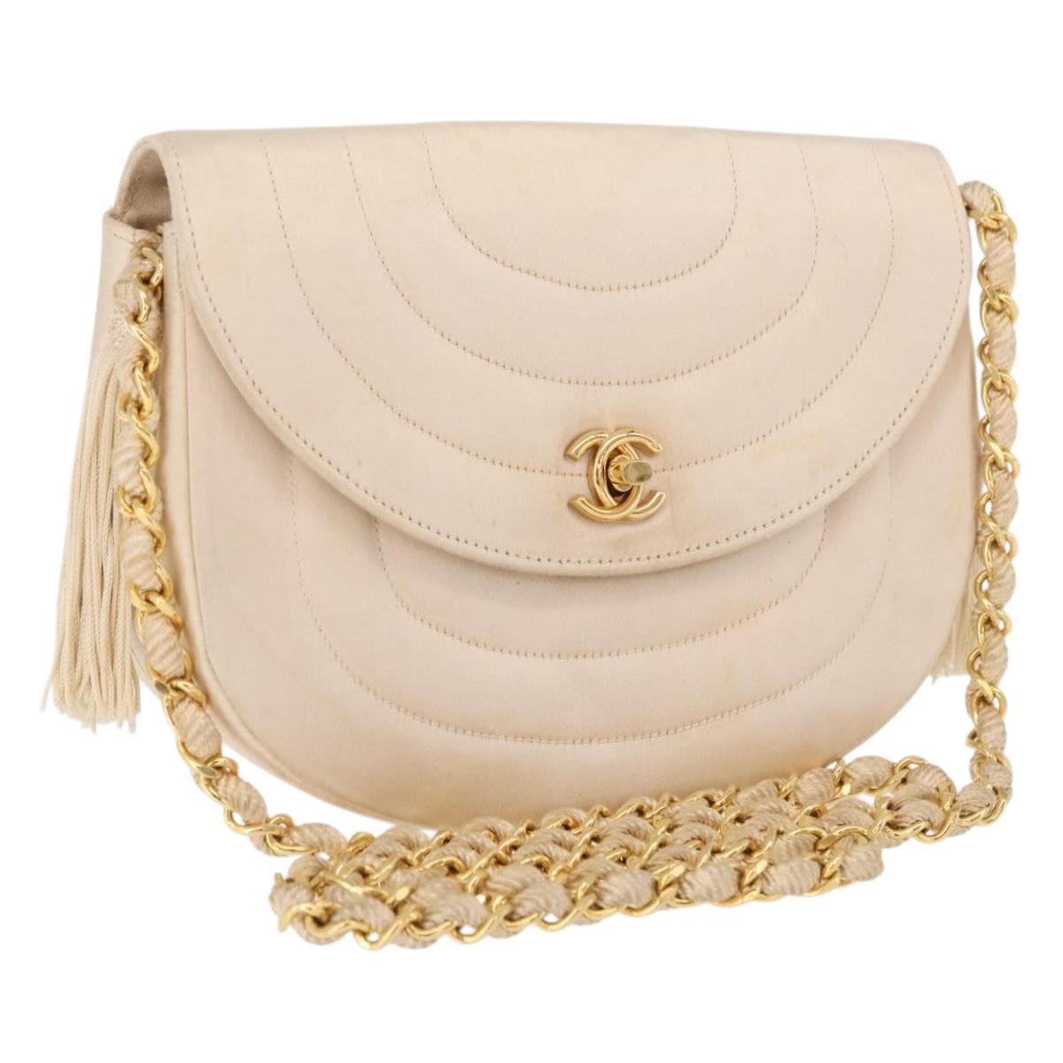 CHANEL Chain Shoulder Bag Satin Champagne Gold Gold CC Auth 189130A