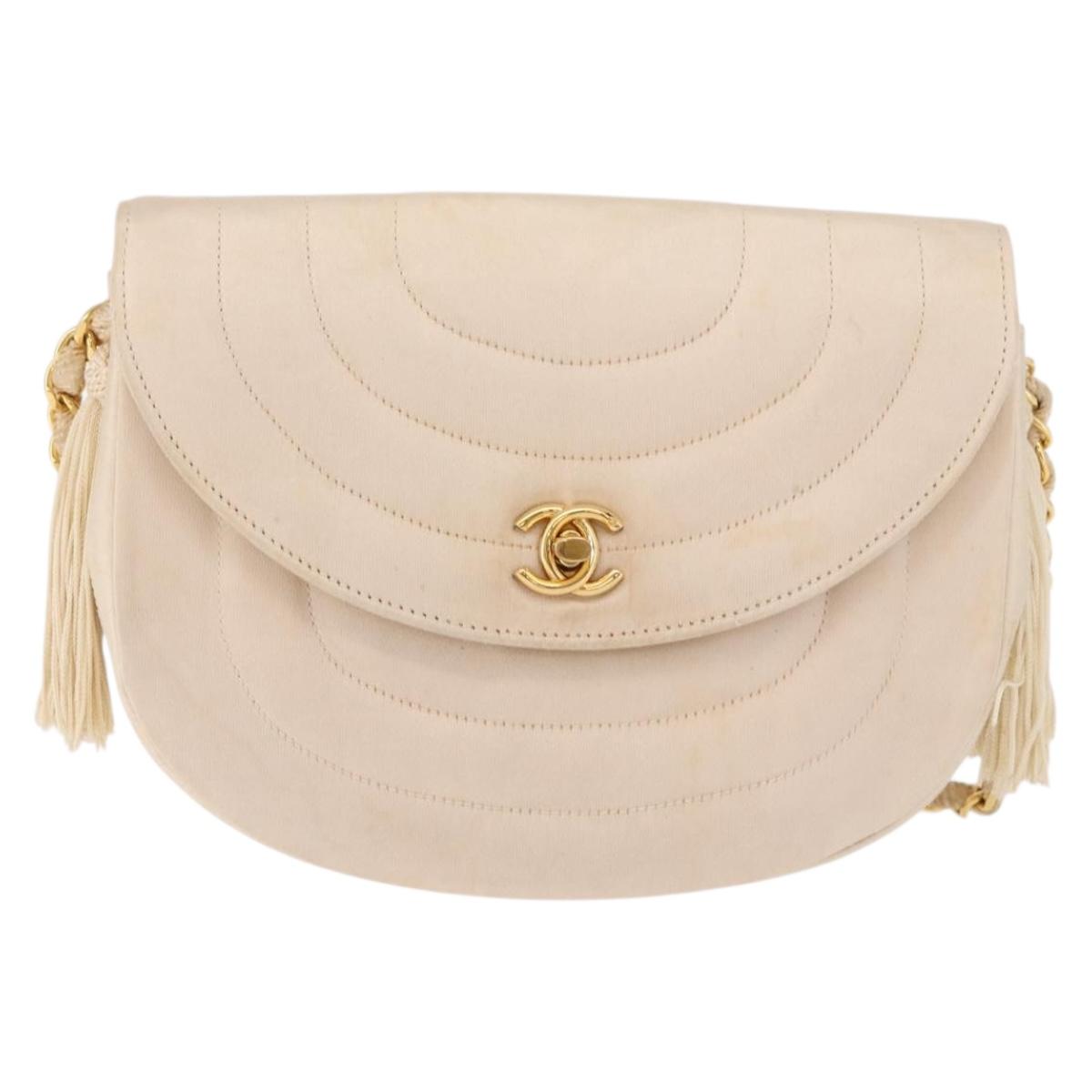 CHANEL Chain Shoulder Bag Satin Champagne Gold Gold CC Auth 189130A