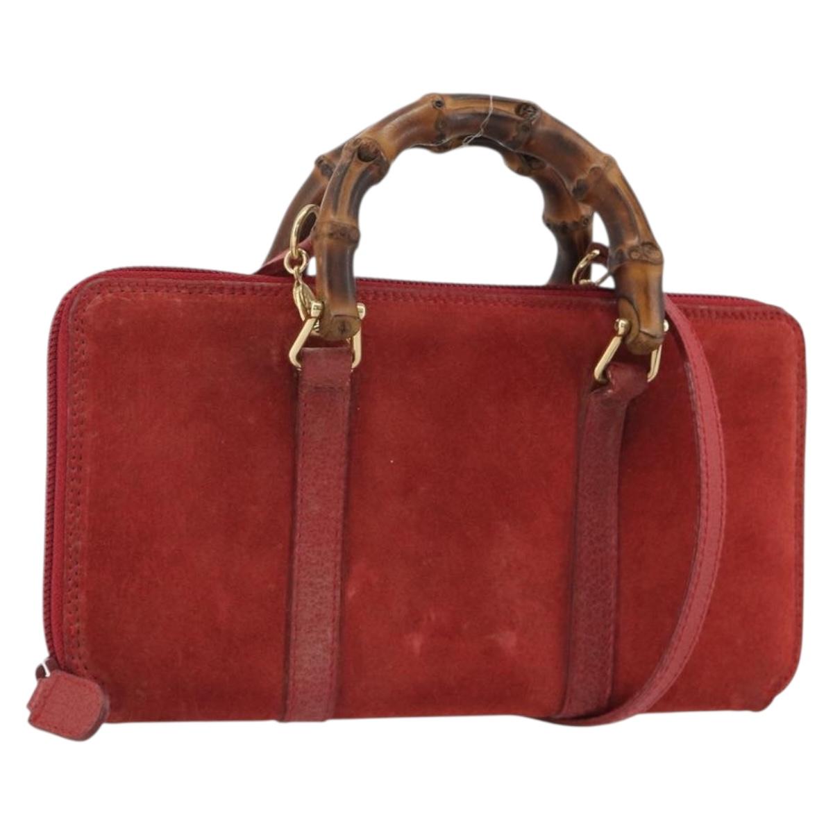 GUCCI Bamboo Shoulder Wallet Outlet Suede 2way Red Gold Auth 189149
