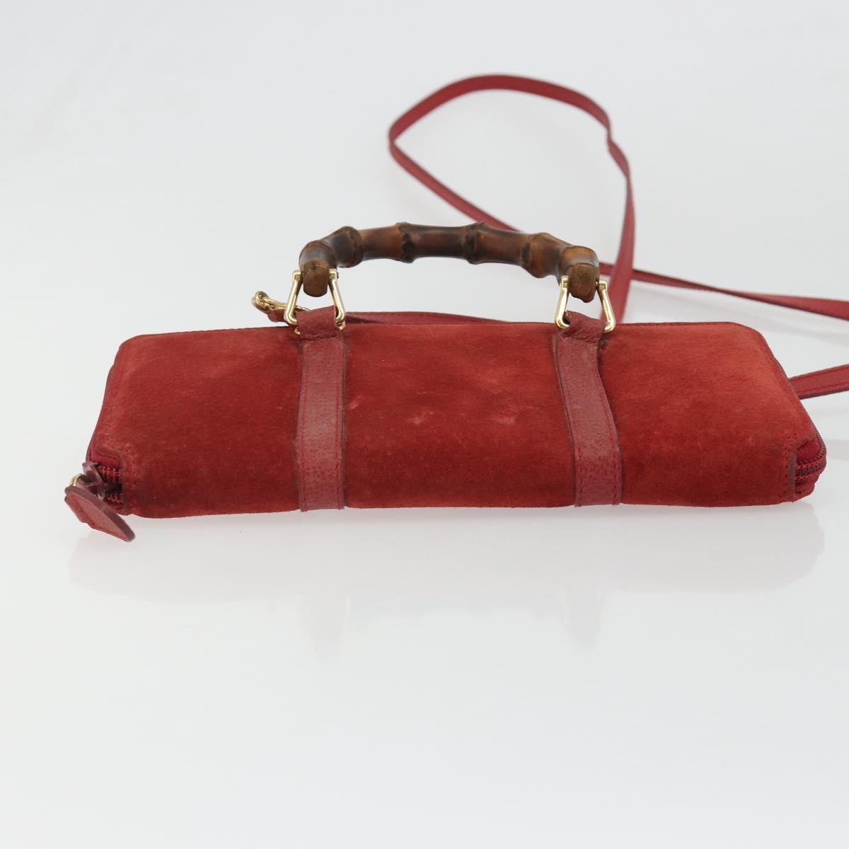 GUCCI Bamboo Shoulder Wallet Outlet Suede 2way Red Gold Auth 189149