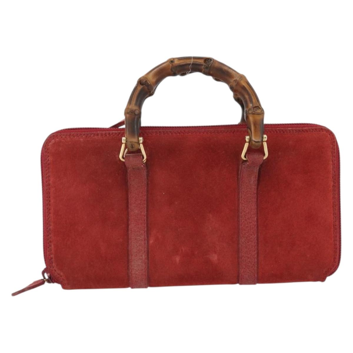 GUCCI Bamboo Shoulder Wallet Outlet Suede 2way Red Gold Auth 189149