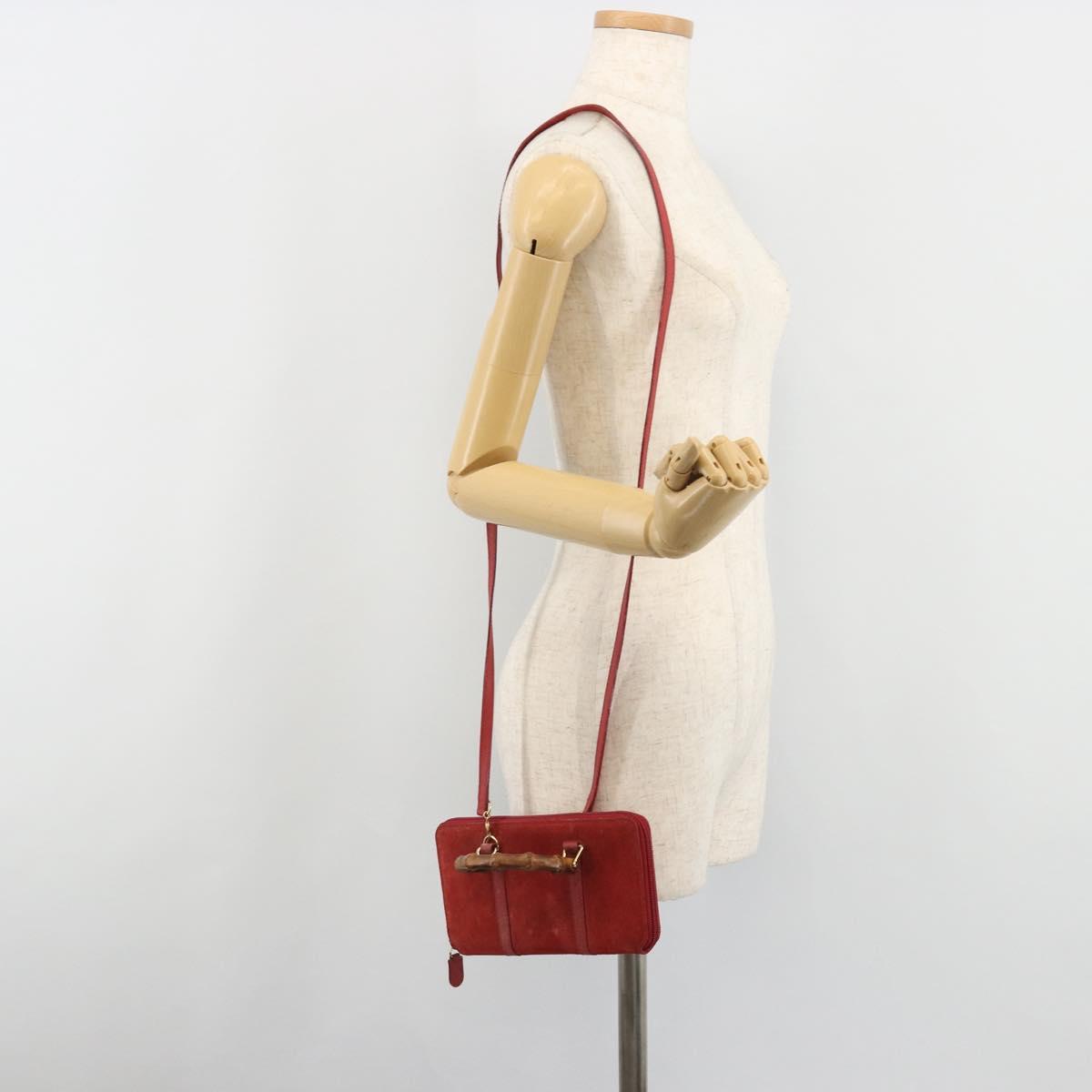 GUCCI Bamboo Shoulder Wallet Outlet Suede 2way Red Gold Auth 189149