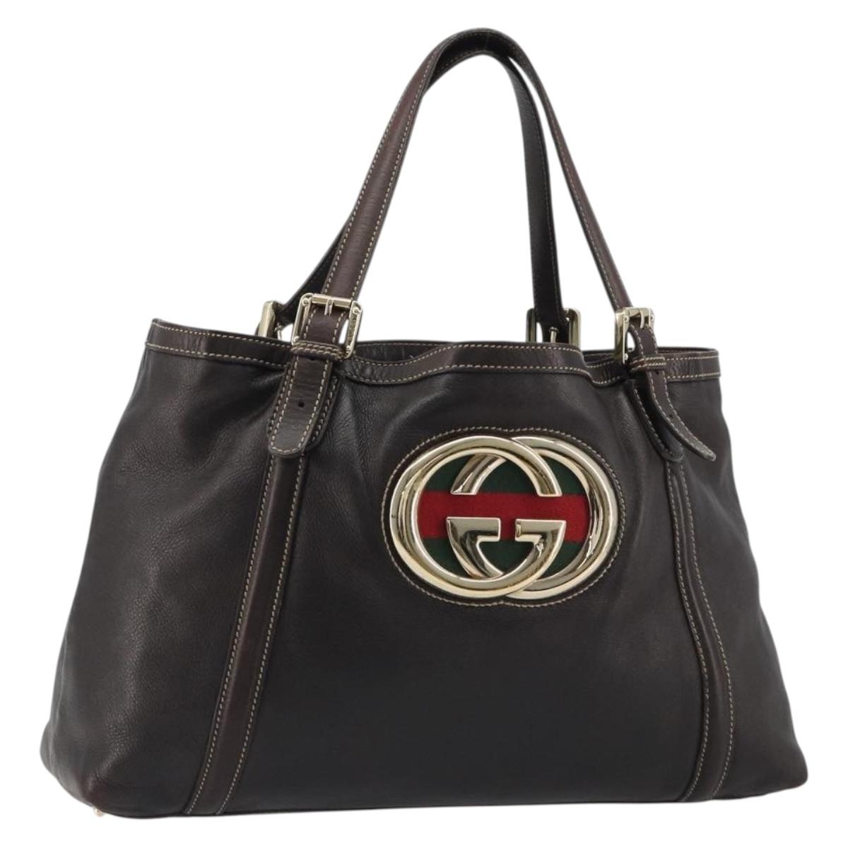 GUCCI Newbrit Hand Bag Leather Dark Brown Gold Auth 189150V