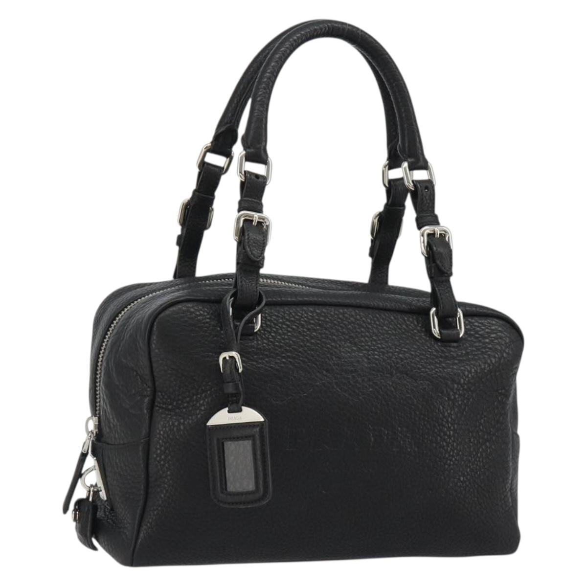 PRADA Boston Bag Leather Black Silver Auth 189156SAV