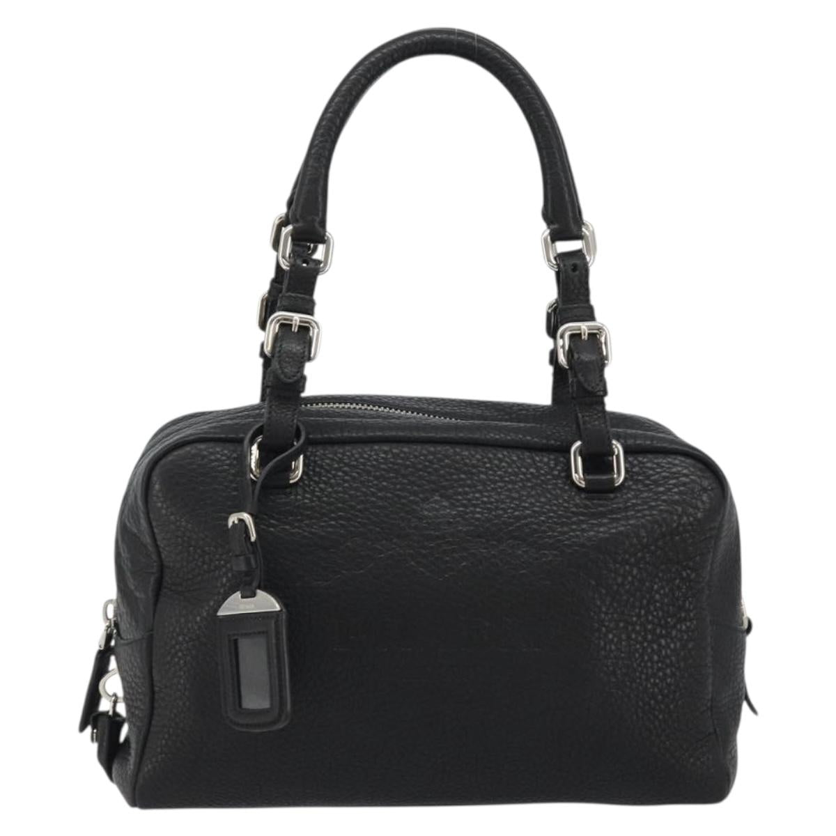 PRADA Boston Bag Leather Black Silver Auth 189156SAV