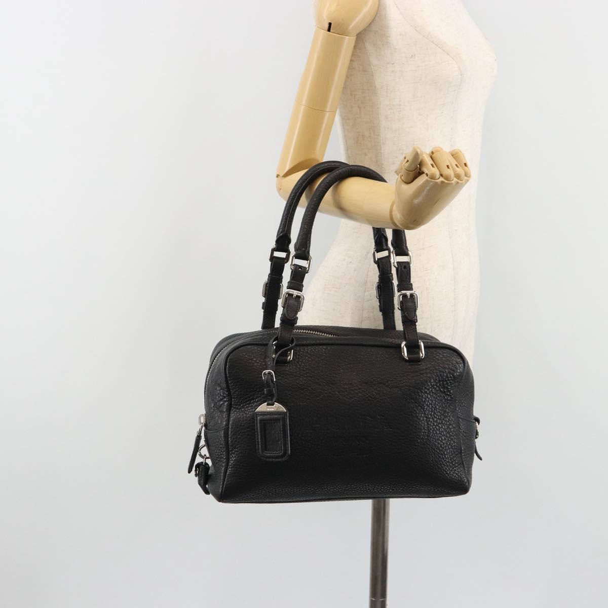 PRADA Boston Bag Leather Black Silver Auth 189156SAV