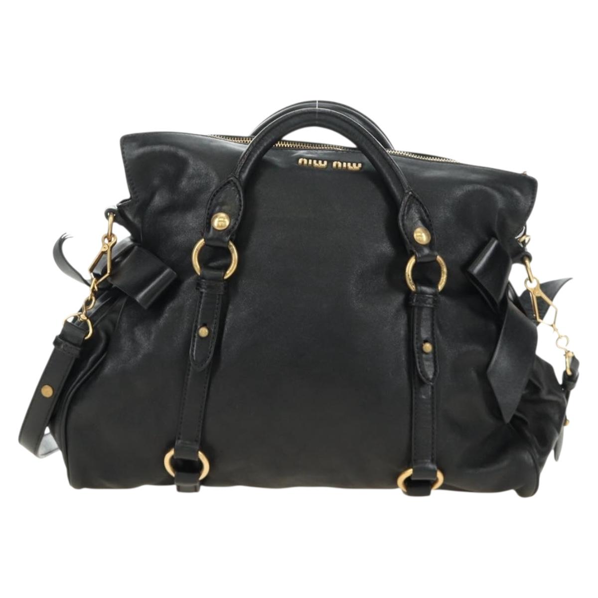 Miu Miu Ribbon Hand Bag Leather 2way Black Gold Auth 189170SAM