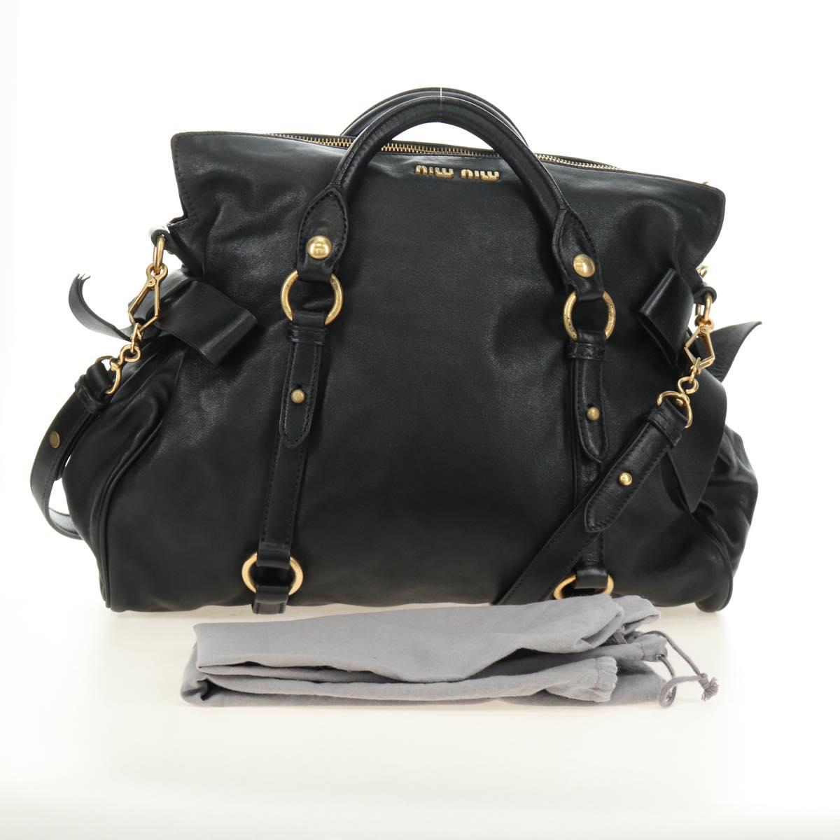Miu Miu Ribbon Hand Bag Leather 2way Black Gold Auth 189170SAM
