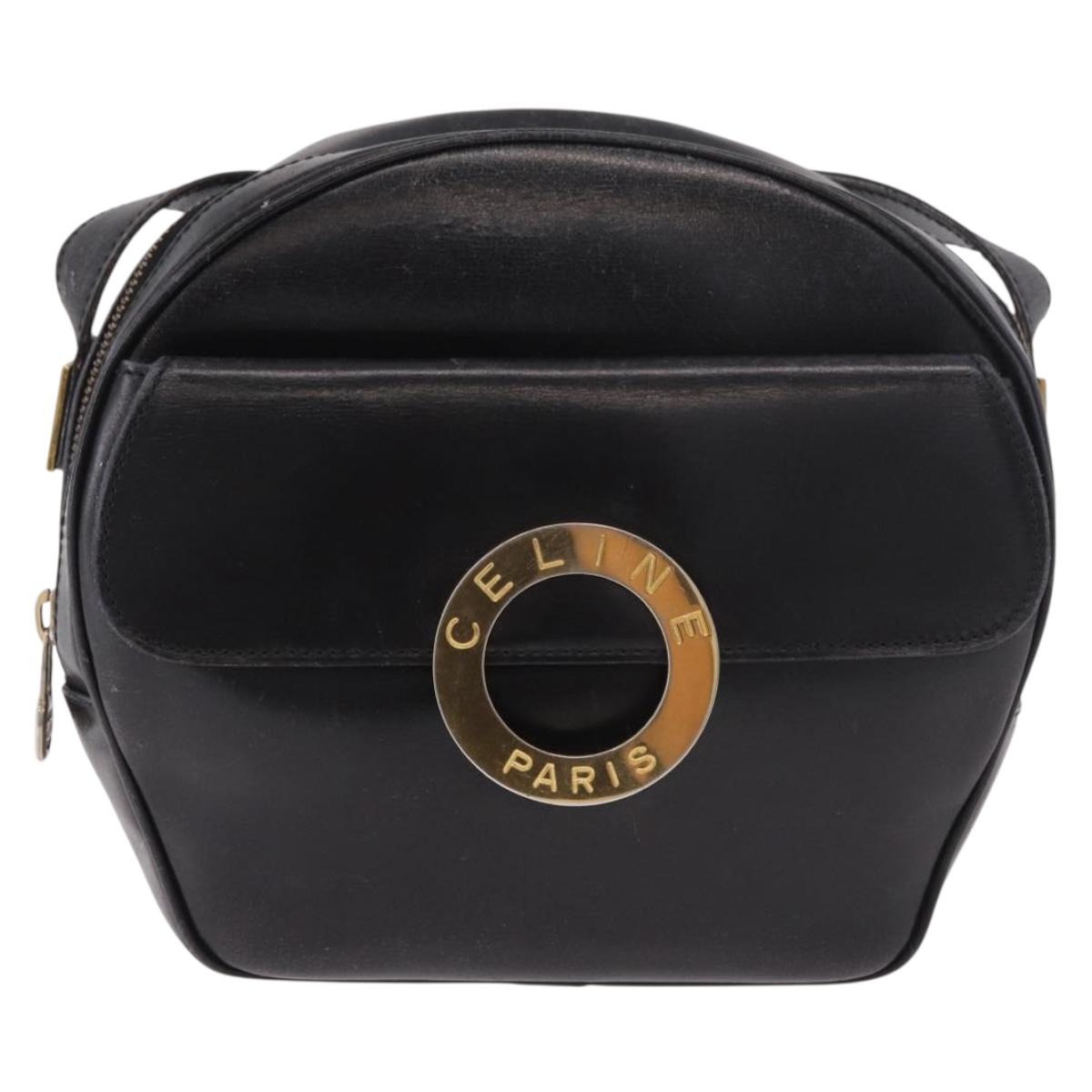 CELINE Circle Shoulder Bag Leather Black Gold Auth 189175