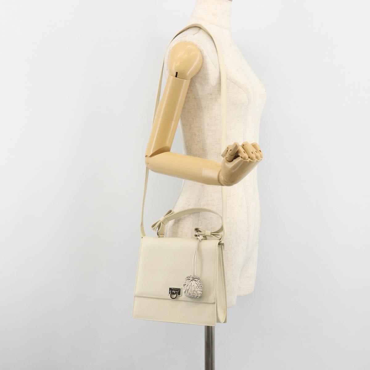 Salvatore Ferragamo Gancini Shoulder Bag Leather 2way White Silver Auth 189177A