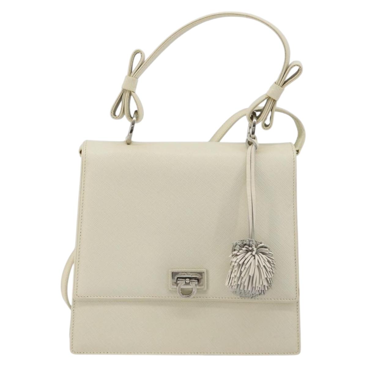 Salvatore Ferragamo Gancini Shoulder Bag Leather 2way White Silver Auth 189177A