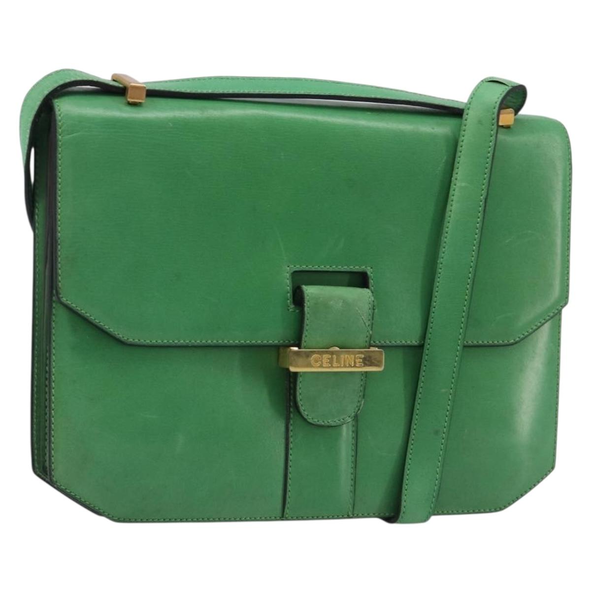 CELINE Shoulder Bag Leather Green Gold Auth 189202