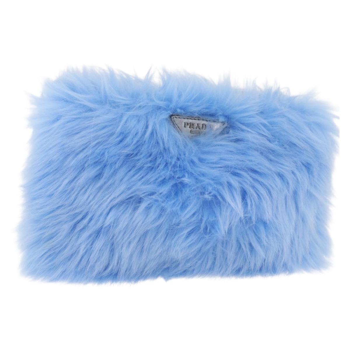 PRADA Clutch Bag Fur Silver Blue Auth 189212V