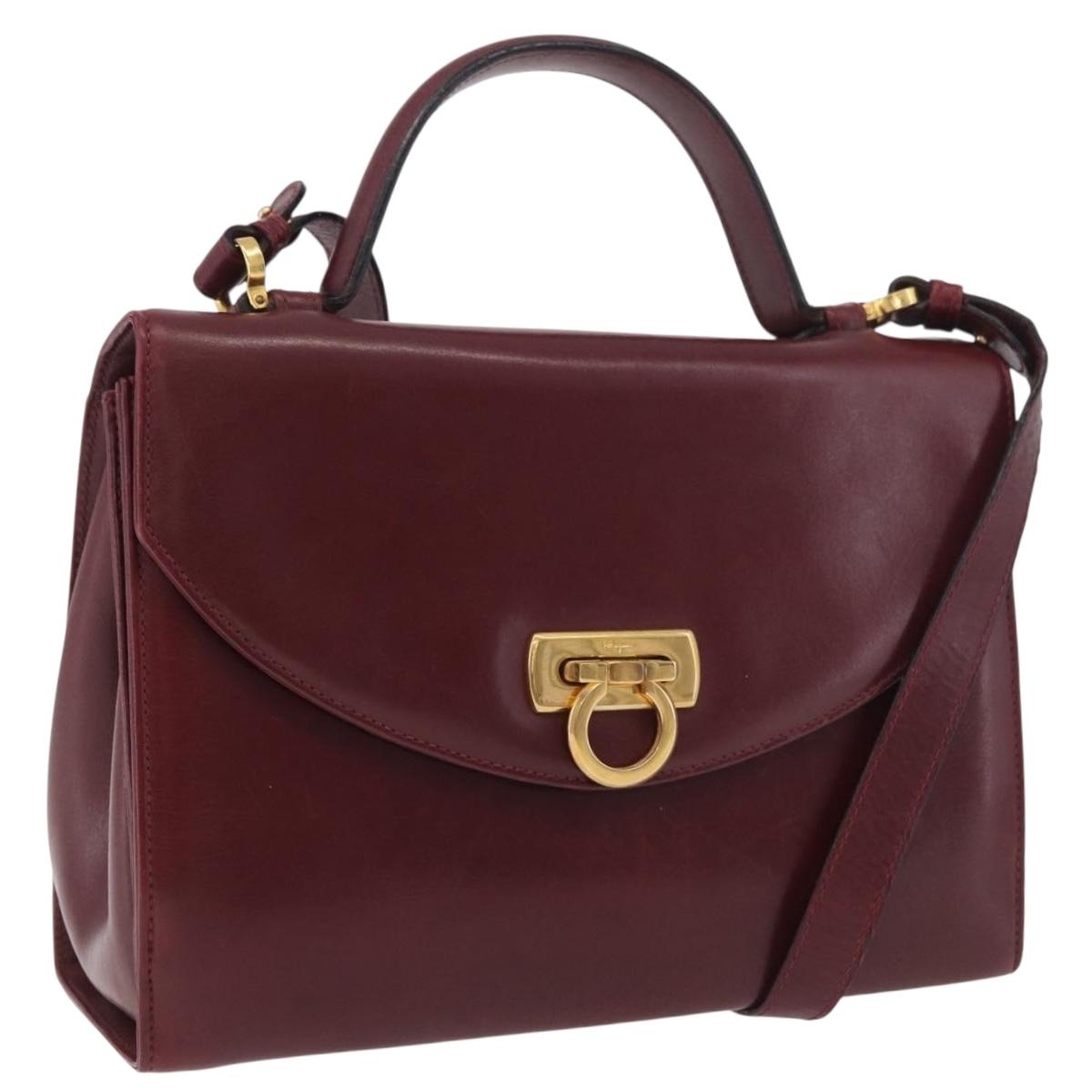 Salvatore Ferragamo Gancini Hand Bag Leather 2way Bordeaux Gold Auth 189226